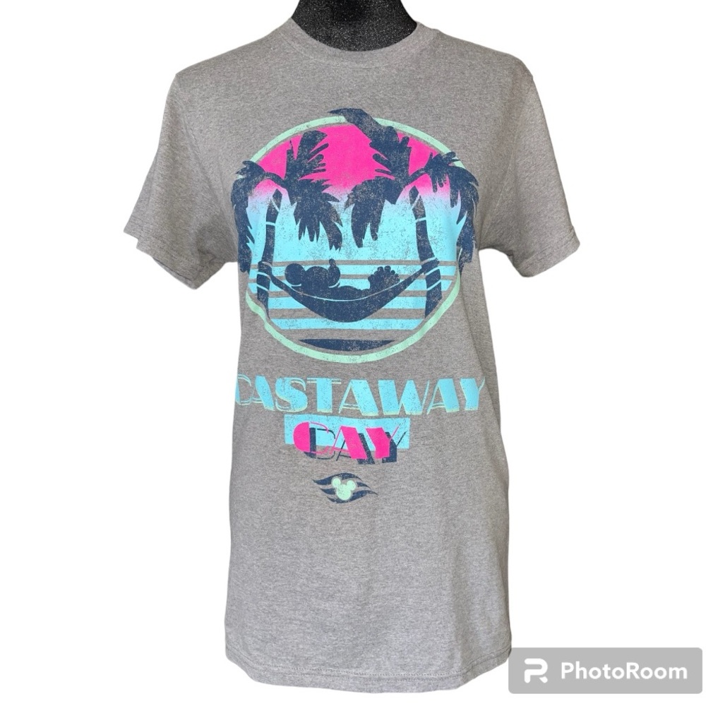 Disney Gray Short Sleeve Tee with Pink & Teal Beach Graphic